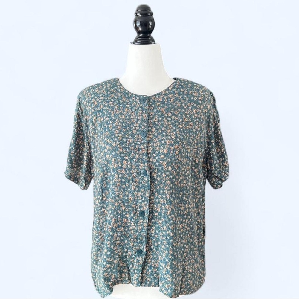 Vintage 80s Green Floral Cottagecore Button Up Short Sleeve Shirt Large